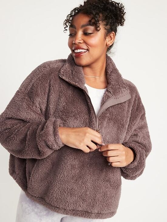 Old Navy Jackets & Blazers - Old Navy Teddy Sherpa Jacket NWT 4X Mythical Brown Half Zip Fuzzy Cozy Boho Fall